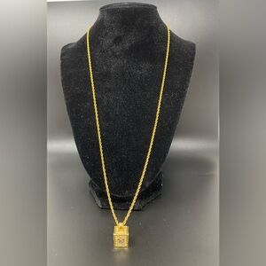 Nina Ricci Vintage NR Cube Pendent Necklace Gold Tone Rhinestone Logo